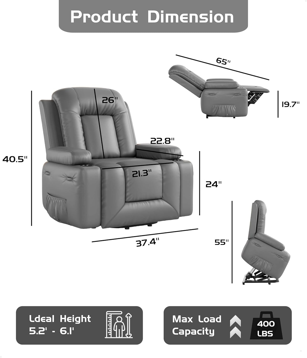 Power Lift Recliner Chair - Heat and Massage, Adjustable Back and Legs, PU Leather Electric Lift Chair Designed for the Elderly and People with Mobility Impaired-2