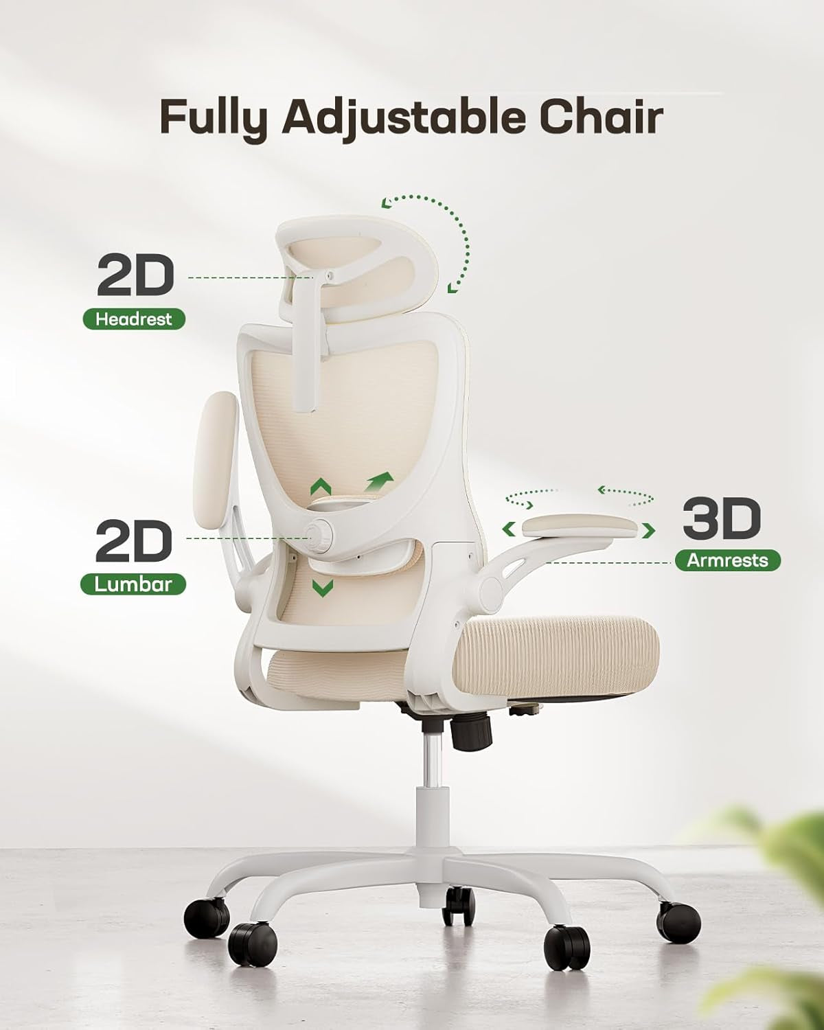 Ergonomic Office Chair: Office Computer Desk Chair with High Back Mesh and Adjustable Lumbar Support Rolling Work Swivel Task Chairs with Wheel 3D Armrests and Headrest (White)-2