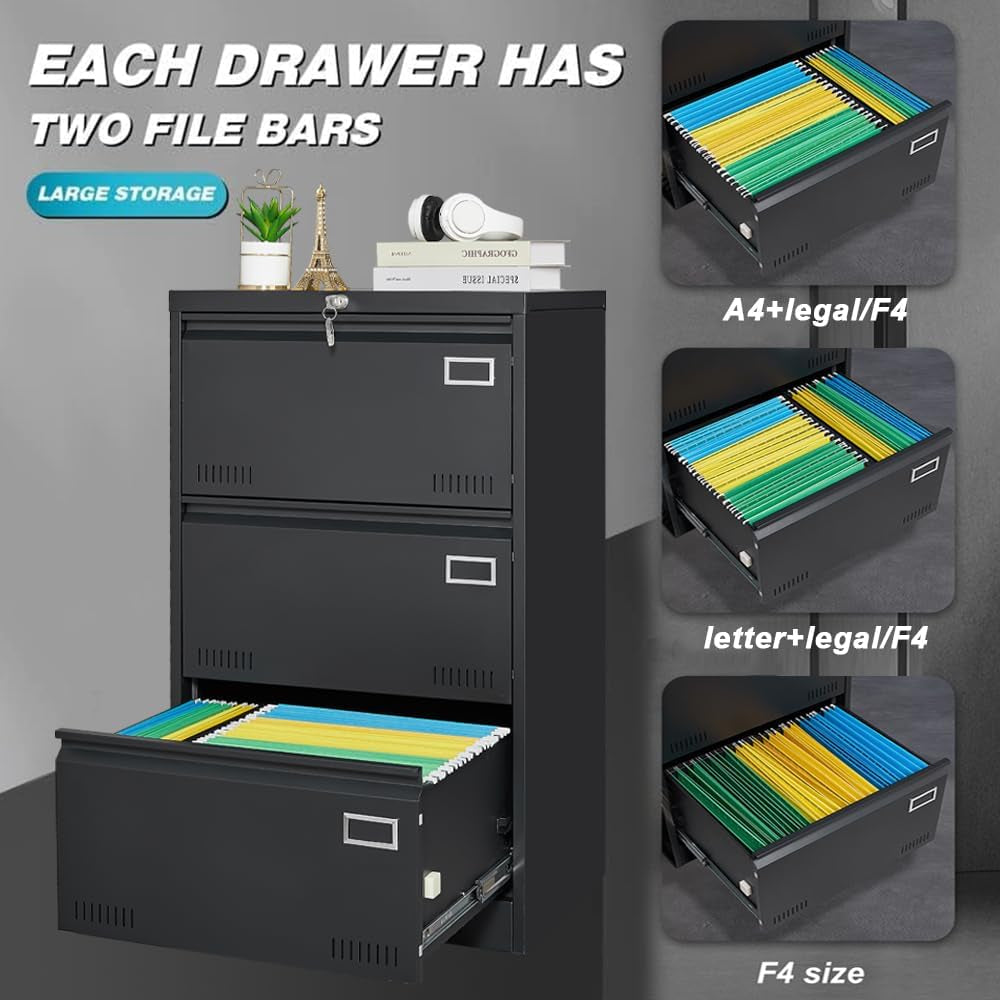 Lateral File Cabinet 3 Drawer File Cabinet with Lock and Card Holder, Metal Steel Lockable Drawer File Cabinets under Desk for Home Office Legal/Letter/F4/A4 Black-4