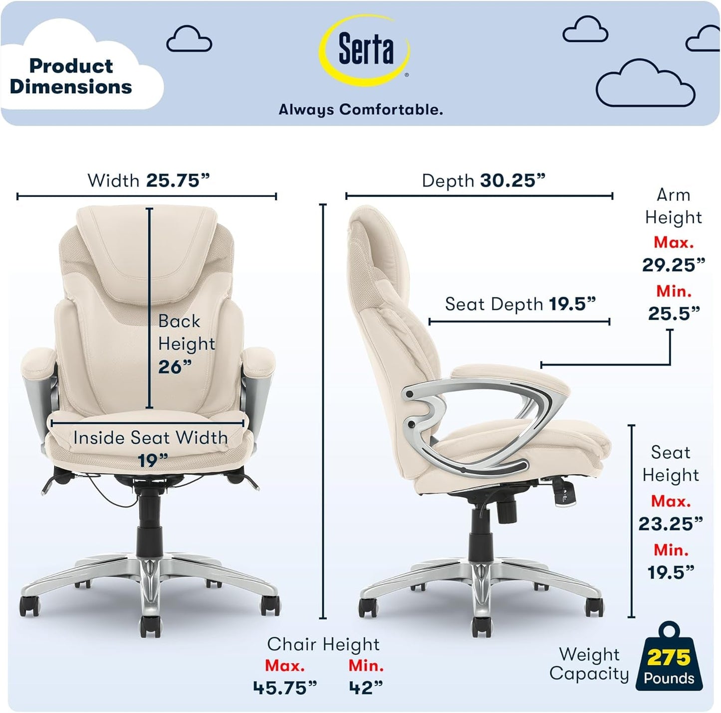 Bryce Executive Office Chair, Ergonomic Computer Deskchair with Patented AIR Lumbar Technology, Comfortable Layered Body Pillows for Cushioning, quality Foam, Bonded Leather, Cream White-2