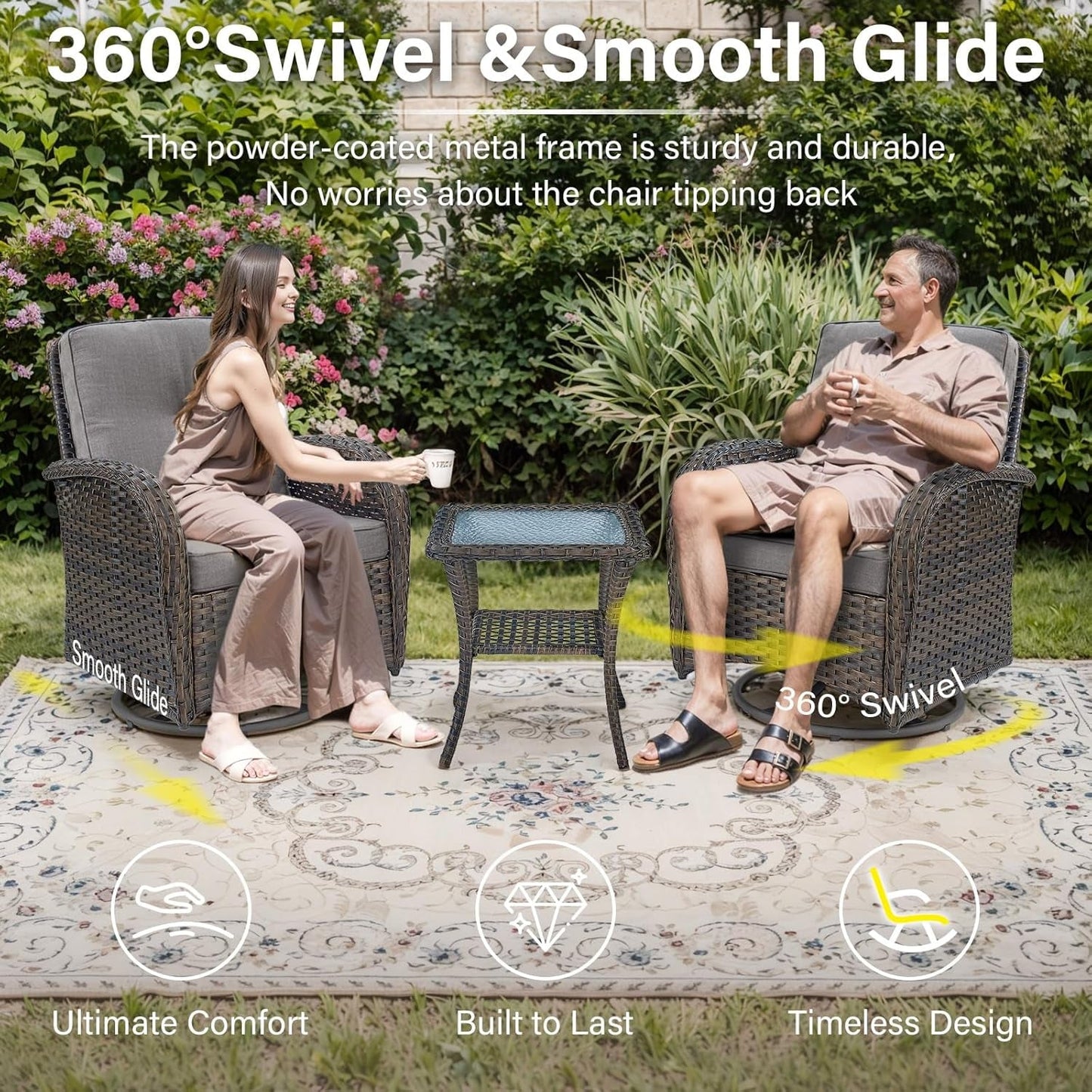 Wicker Swivel Rocker Patio Set: 2 Chairs, Table-2