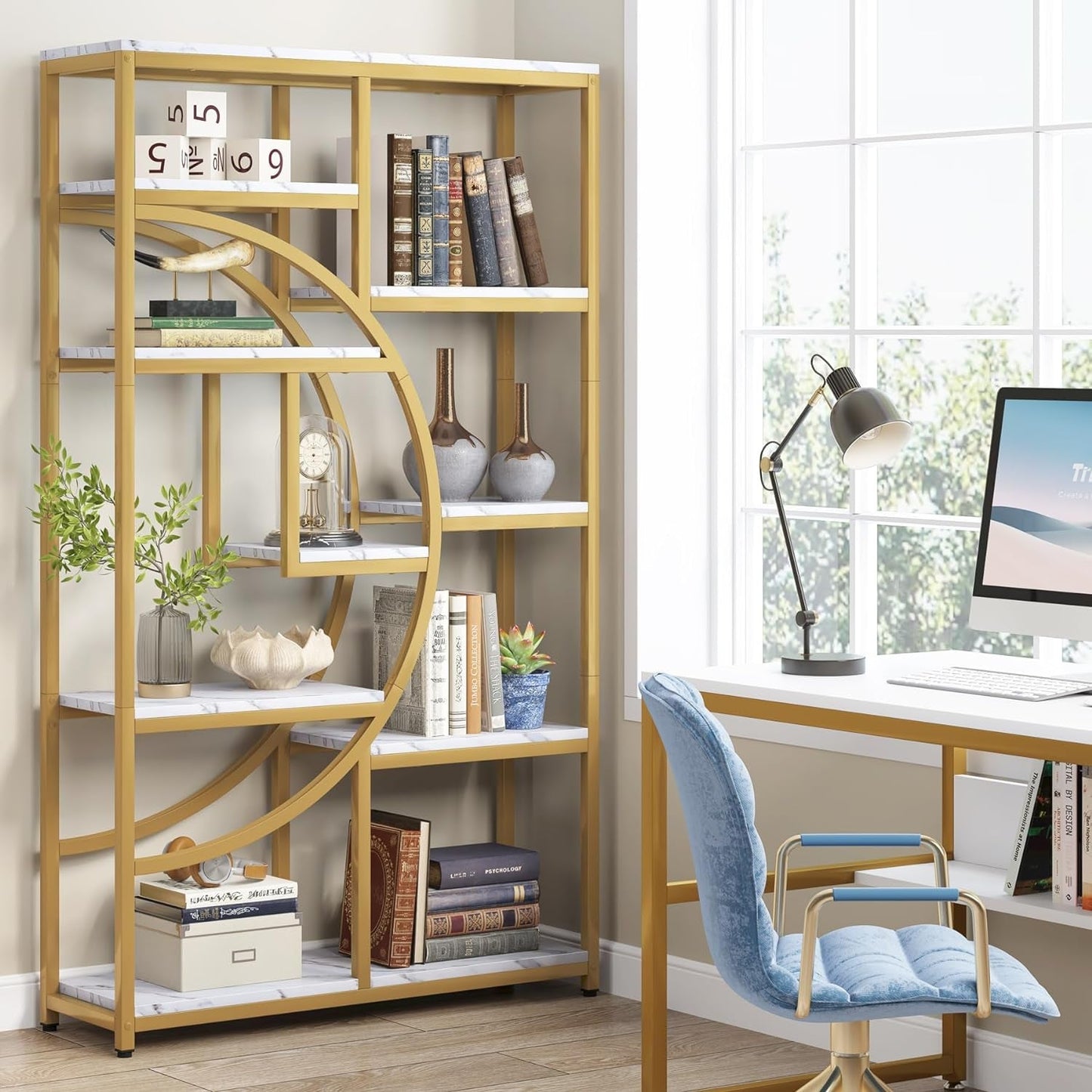 Bookshelf Industrial 5 Tier Etagere Bookcase, Freestanding Tall Bookshelves Display Shelf Storage Organizer with 9-Open Storage Shelf for Living Room, Bedroom-2