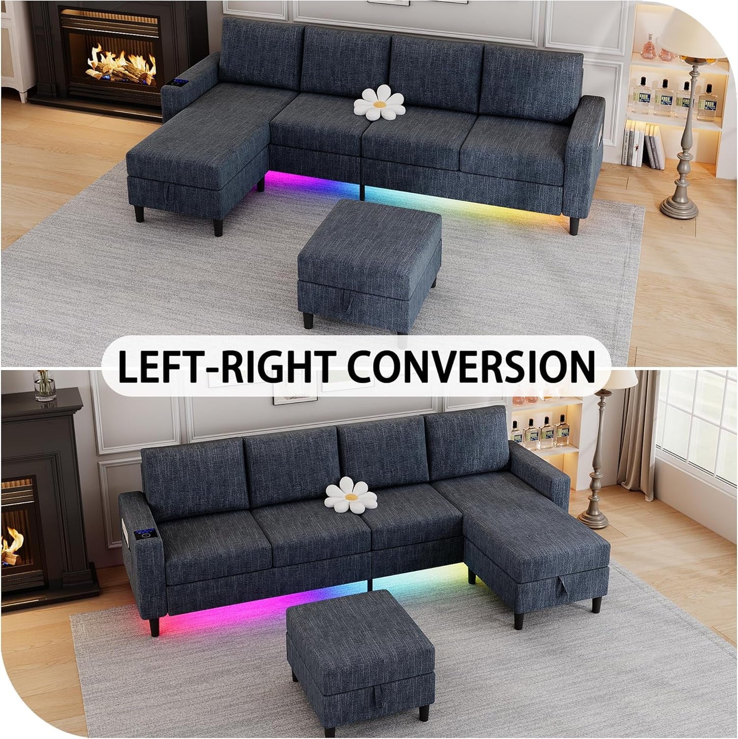 Sectional Couches for Living Room, 4 Seat Linen Sectional Sofa with Reversible Chaise Lounge/Storage Ottoman, U Shaped Couch with Smart Module-Wireless Charging/Usb/Type-C/Rgb Light (Blue)-4