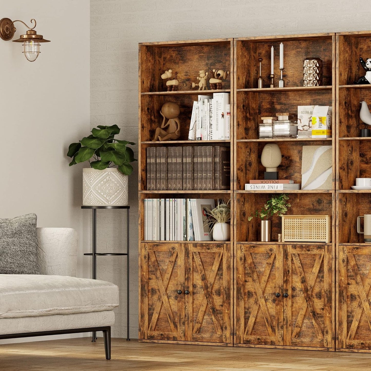 Industrial Bookshelves and Bookcases with Doors Floor Standing 6 Shelf Display Storage Shelves 70 in Tall Bookcase for Home Office, Living Room-3