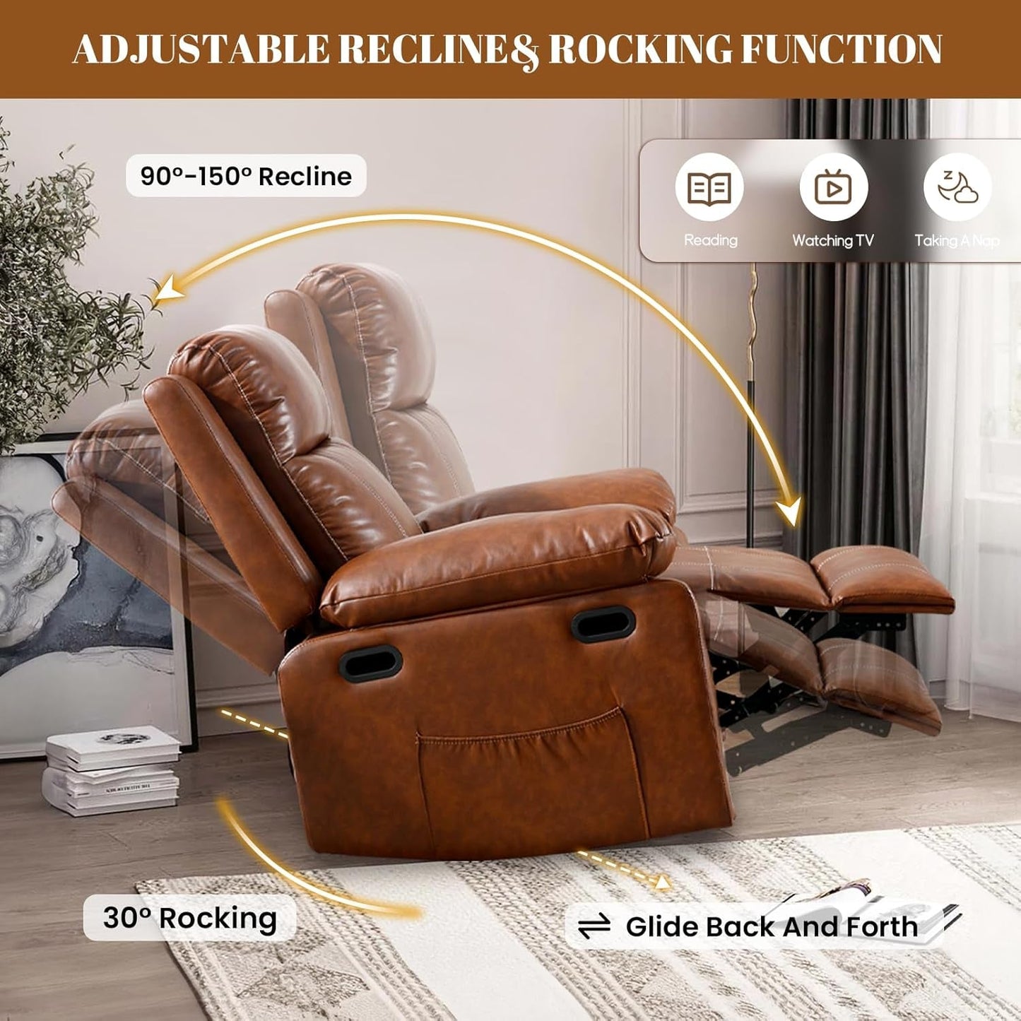 Recliner Chair with Massage and Heat, Modern Swivel Reclining Chair with Remote Control and Side Pocket, Adjustable Glider Rocker Recliner Chair for Living Room, Bedroom, Lounge, Brown-4
