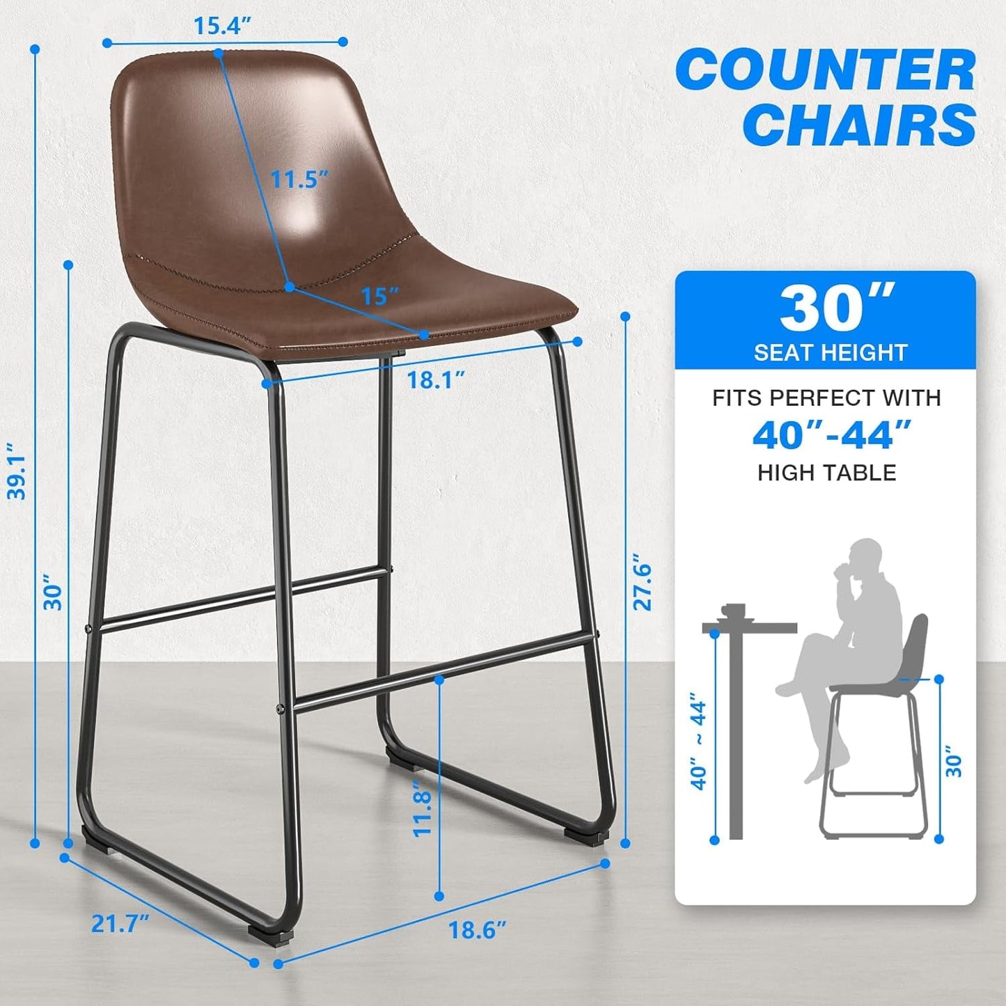 Pu Faux Leather Bar Stools Set of 2, Industrial Pub Barstools with Back and Footrest, Modern Armless Bar Height Stool Chairs (Brown, 30" Barstool X2)-2