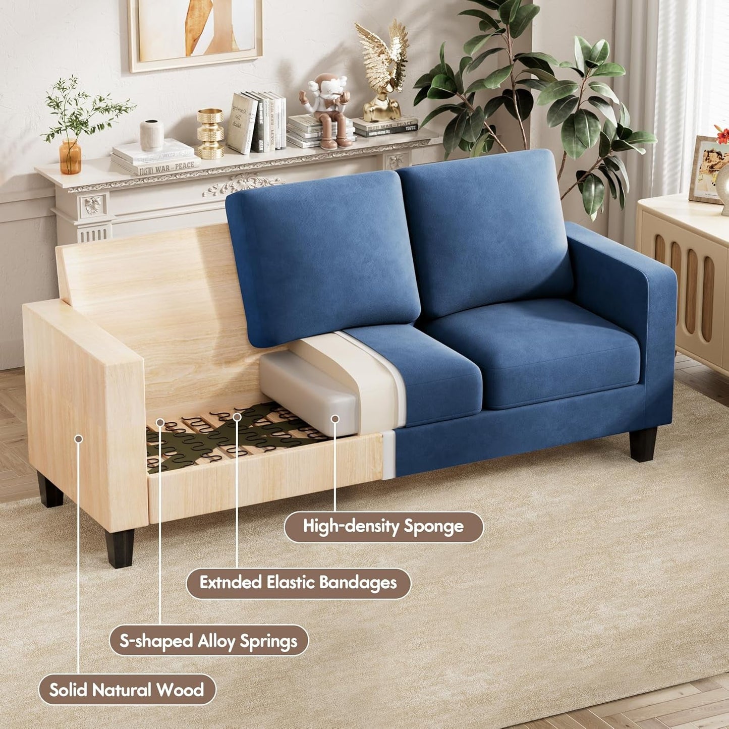 Convertible Sectional Sofa Couch, 3 Seat L-Shaped Sofa with Linen Fabric Ottoman Small Couch for Small Apartments, Living Room and Office (Linen Fabric, Blue)-2