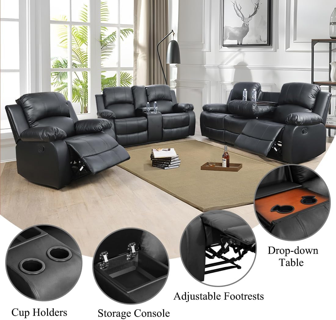 Bonded Leather Reclining Sofa Set with Cup Holders and Storage Console-2