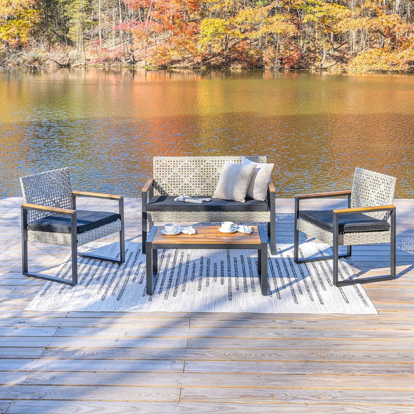 LVG1102C-4SET Wilder 4-Piece Modern Coastal Faux Wicker Conversation Outdoor Patio Set Industrial, Farmhouse, Mid-Century, Classic, Contemporary, Minimalist, White Wash/Black/Natural-4