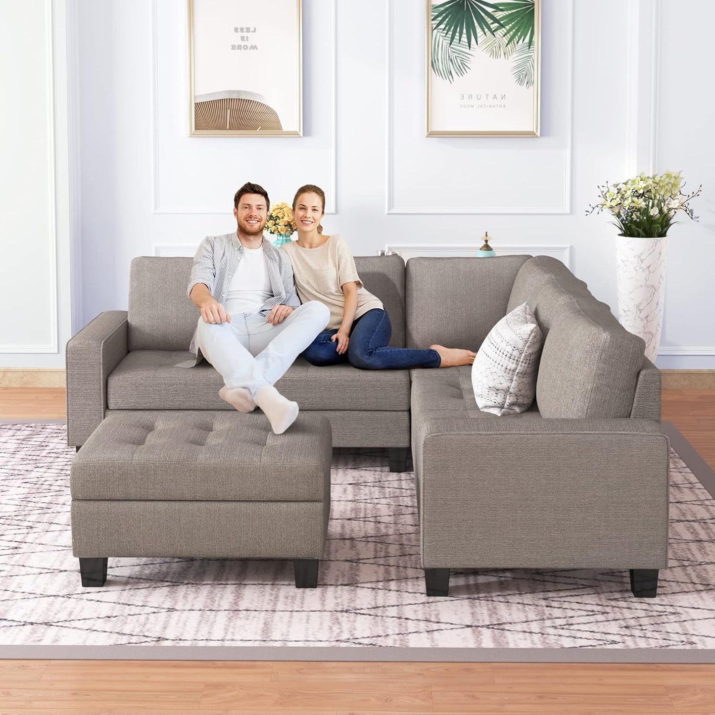 Sectional Sofas 3-Seat Sofa Sectional Sofa Couches with Reversible Chaise Storage Ottoman and 2 Cup Holders, Sofa Lounge and Ottoman for Living Room Furniture-3