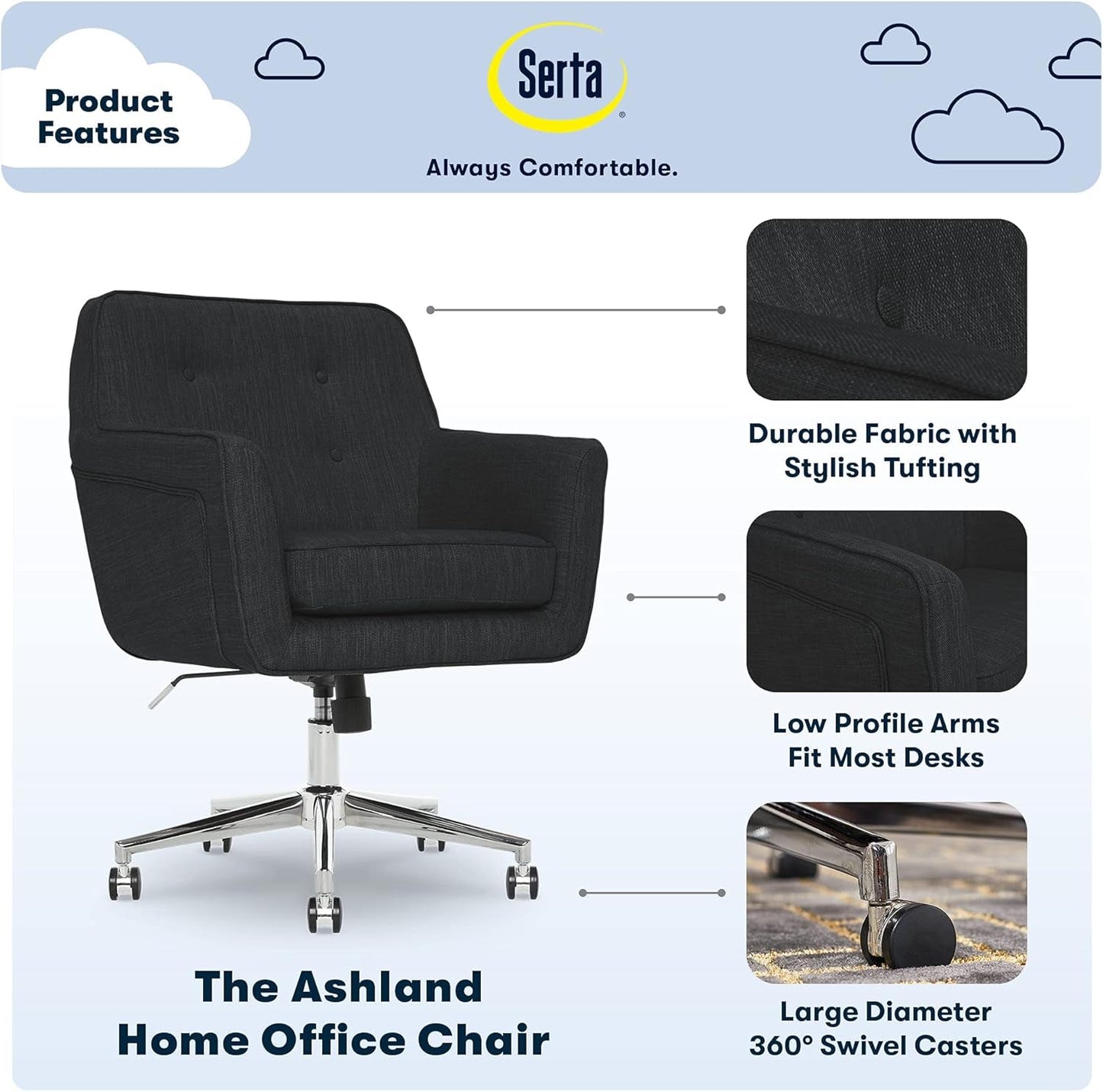 Ashland Home Office Desk Chair with Button Tufted Back, Memory Foam Cushion and Padded Arms, Mid Century Modern Vanity Armchair with Wheels for Bedroom, Chrome Metal Base, Charcoal Gray-3