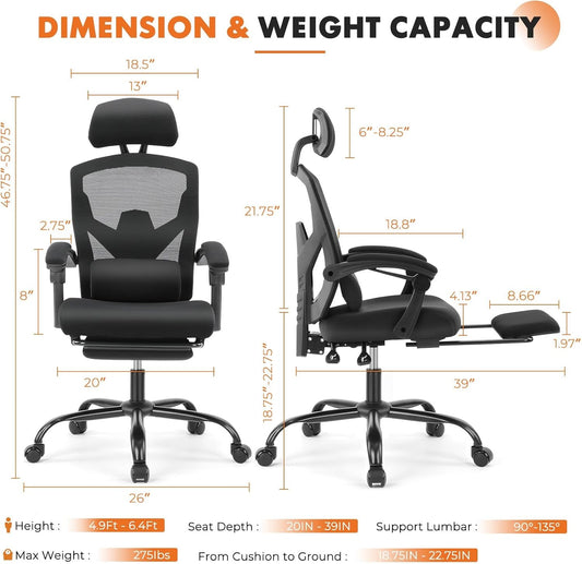 Office Computer Desk Chair, Ergonomic High-Back Mesh Rolling Work Swivel Chairs with Wheels, Comfortable Lumbar Support, Comfy Arms for Home, Bedroom, Study, Student, Black-1