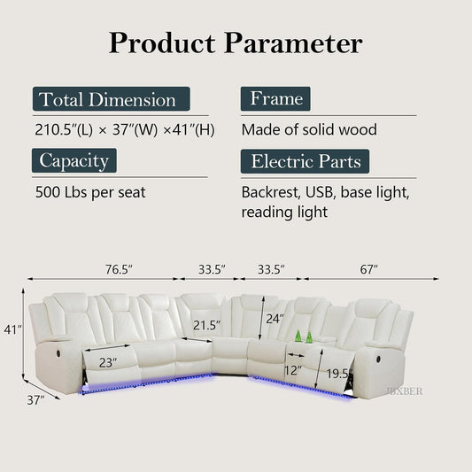 Power Recliner Sectional Sofa Set, Leather Sectional Sofa Sets for Living Room, Power Reclining Sectional Couch with Led Lights, Cup Holder, Wireless Charging, Hidden Storage, White-1
