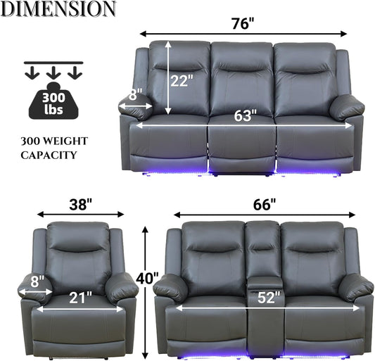 Power Recliner Sofa Set with LED Lights,Leather Living Room Furniture Set with USB Port/Storage Console/Cup Holders,Reclining Sofa Set for House/Home Theater(Sofa&Loveseat 2 Pieces)-1
