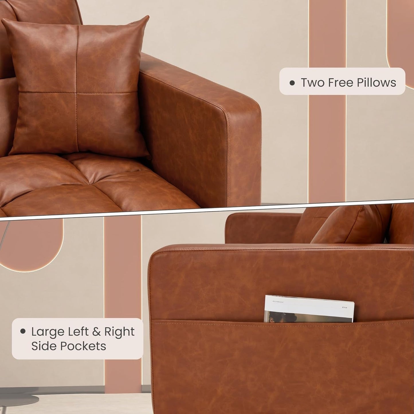 Faux Leather Futon Couch, Convertible Sofa Bed with Adjustable Back, Modern Sleeper Sofa for Living Room, Brown-4