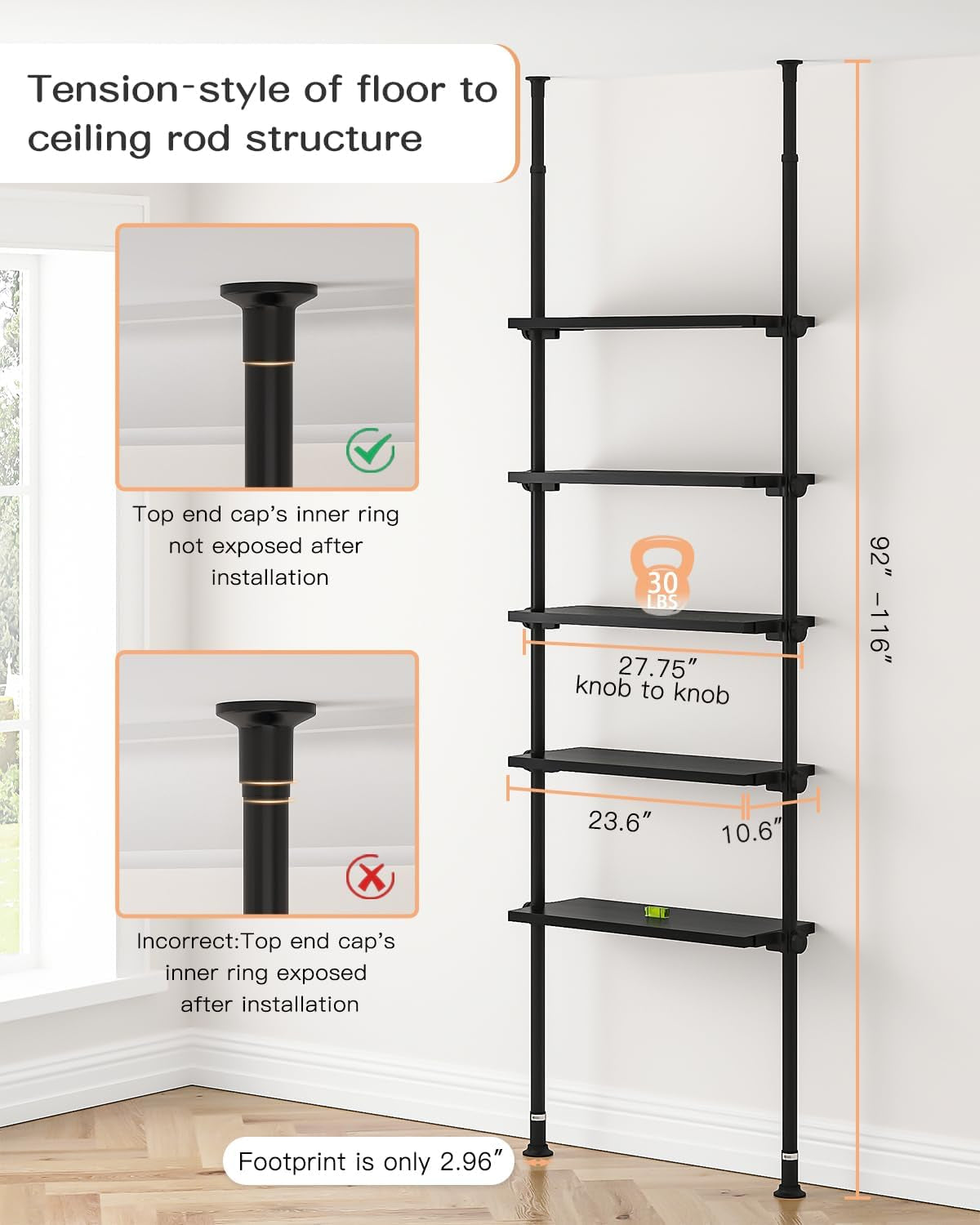 5 Tiers Narrow Bookshelf, Tall Adjustable Ladder Book Shelf with Open Storage, Floor to Ceiling Tension Mount, Wooden Industrial Bookcase for Living Room, 92 to 116 Inch, Black-1