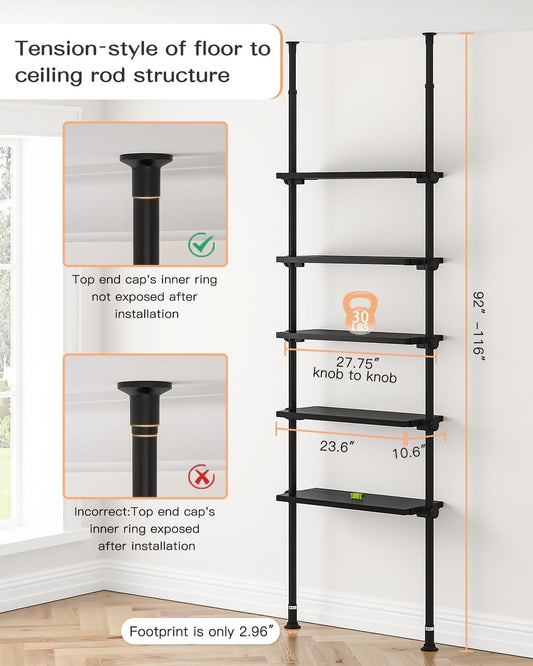 5 Tiers Narrow Bookshelf, Tall Adjustable Ladder Book Shelf with Open Storage, Floor to Ceiling Tension Mount, Wooden Industrial Bookcase for Living Room, 92 to 116 Inch, Black-1