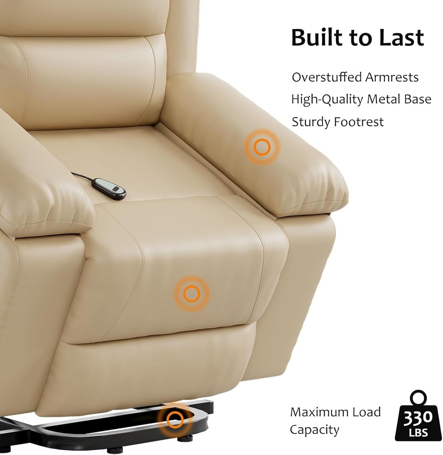 Oversized Faux Leather Power Lift Recliner W/Massage and Heat for Elderly, Recliner Chairs with Pockets for Living Room (Beige, Large)-4