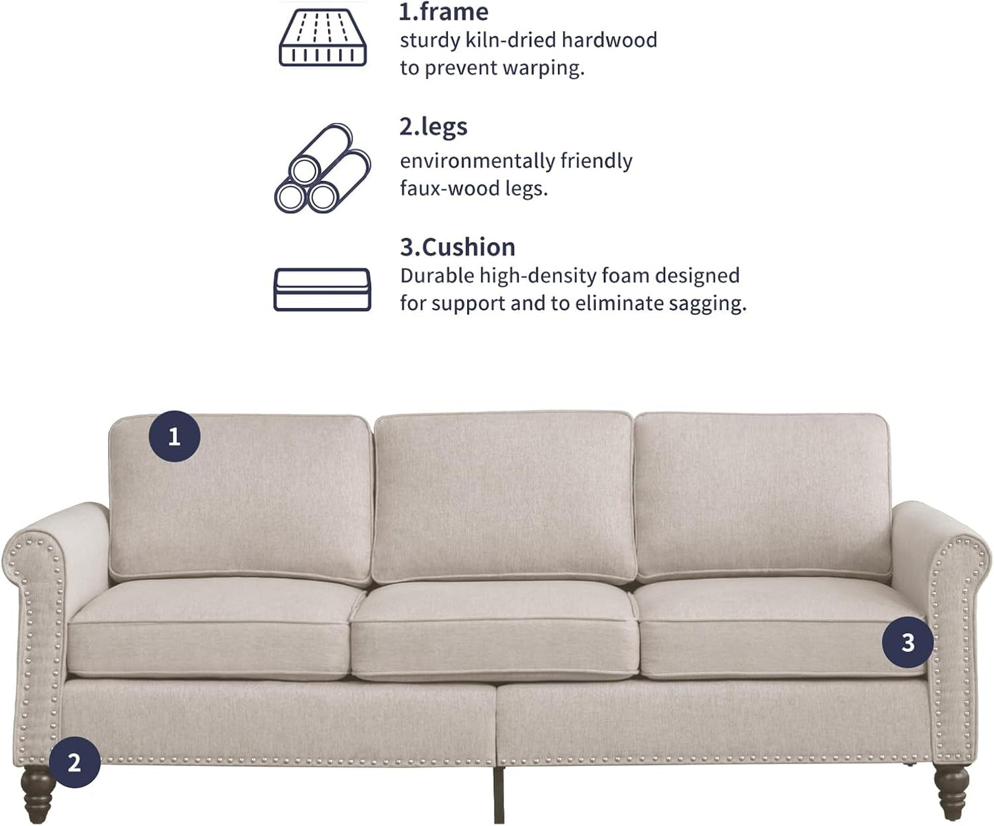 2 Piece Living Room Sofá Set, 3 Seat Sofa and Armchair with Solid Wood Frame and 4 Gourd Shapes Legs for Home/Bedroom/Apartment(Beige)-3