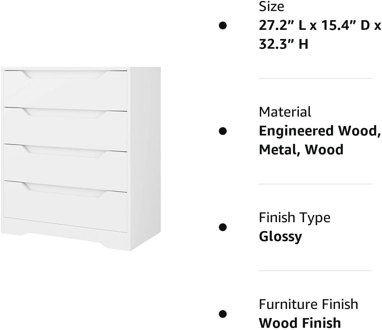 Modern 4 Drawer Dresser, White, Clothing Organizer-1