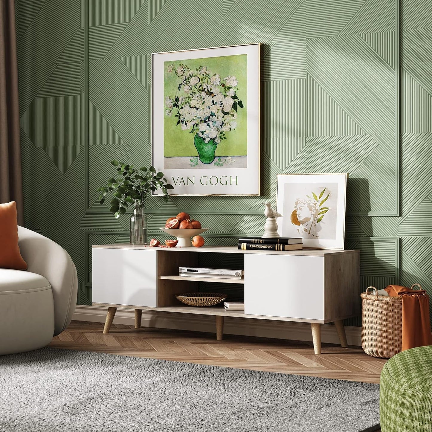 TV Stand for 55 60 Inch TV, Boho Entertainment Center with Storage Cabinets, TV Console for Living Room Decor, Greige White-3