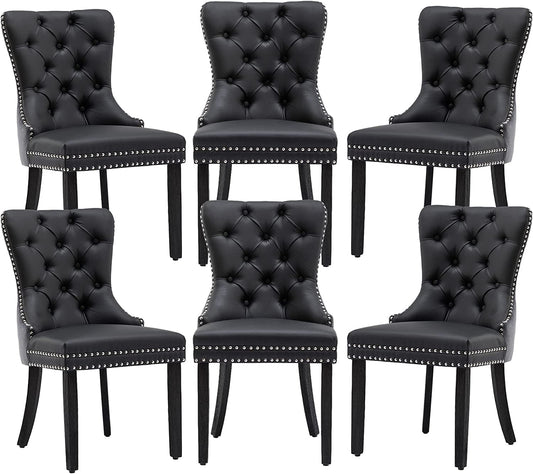 Black and Dark Grey Velvet Dining Chairs Set of 6 with Nailhead Trim and Pull Ring-1