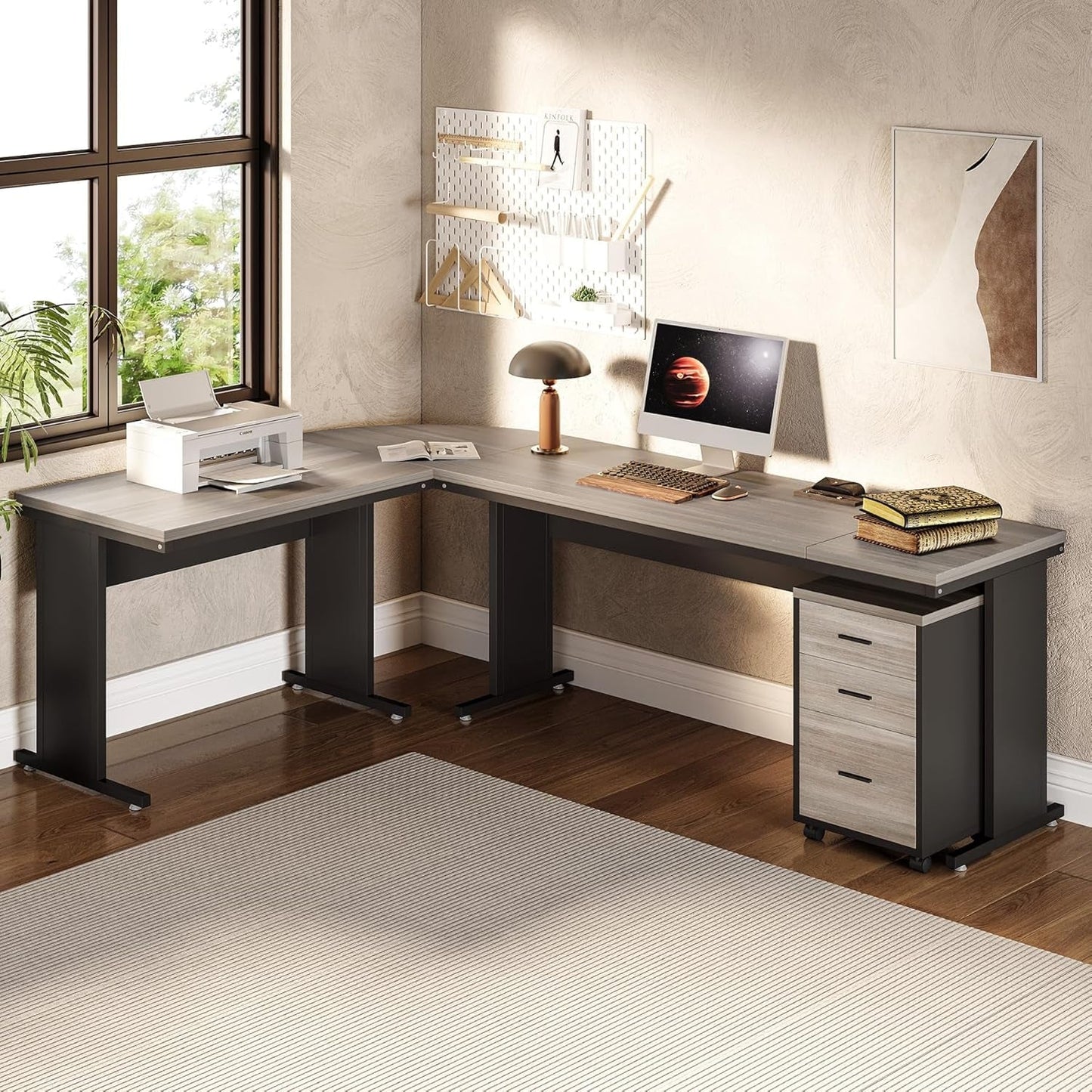 83" Gray Farmhouse L Desk File Cabinet-0