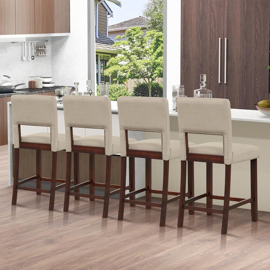24.5" Counter Height Bar Stools Set of 4, Linen Barstools with Back, Rubber Wood Legs, Max Load 400 Lbs, Modern Upholstered Bar Dining Chairs for Kitchen Island Pub, Beige-1