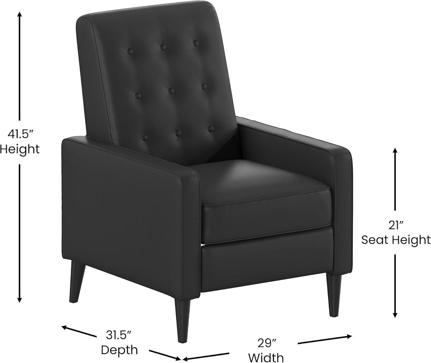 Ezra Pushback Recliner - Mid-Century Modern Black Leathersoft Upholstery - Button Tufted Back - Residential & Commercial Use-2