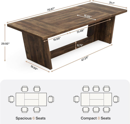70.87-Inch Dining Room Table: Wood Large Dining Table for 6-8 People, Rectangular Farmhouse Kitchen Table with Solid Pedestal, Rustic Long Dinner Table for Big Family-1