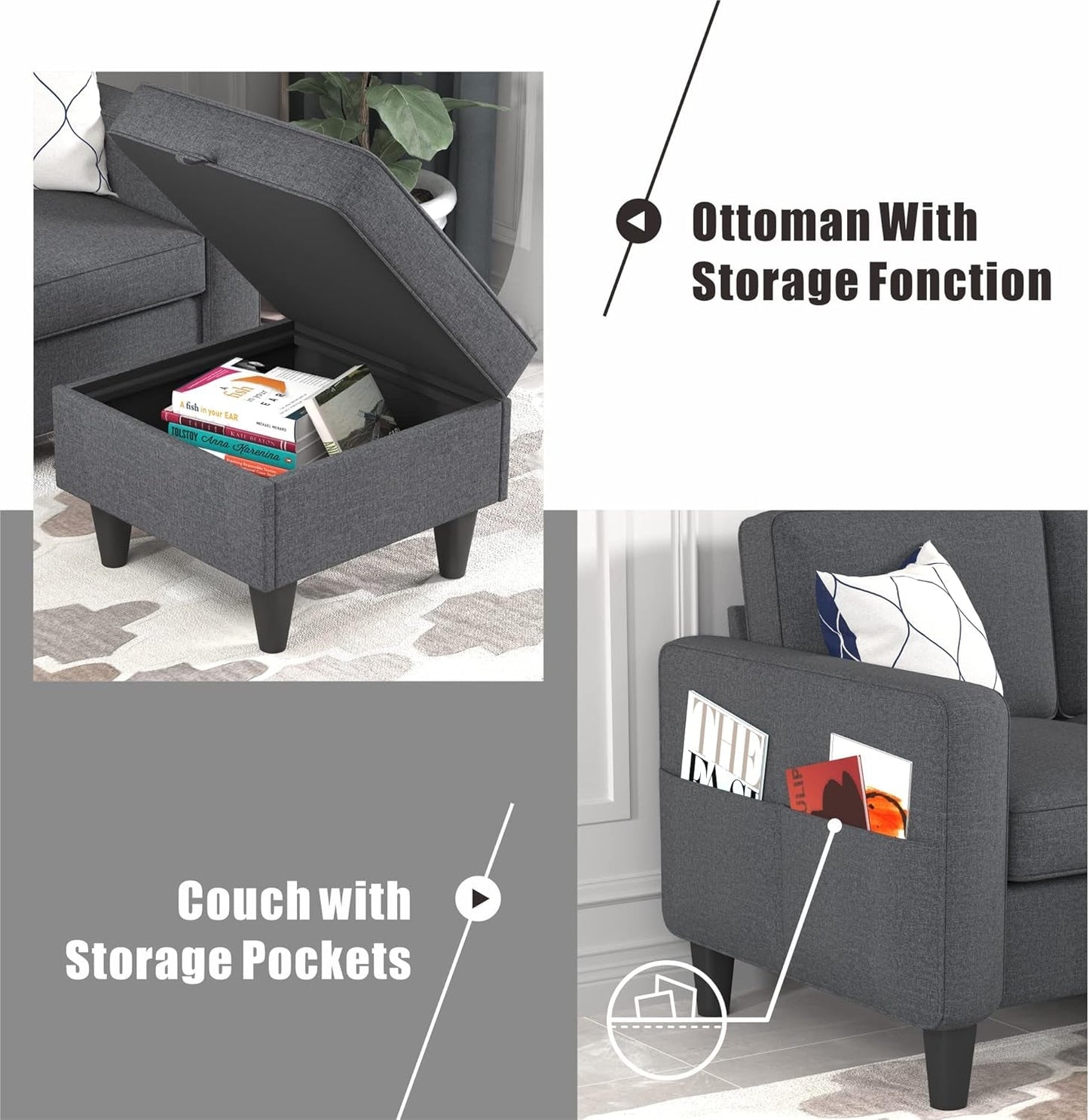 Sectional Sofa Couches for Living Room, Small Space Couch L-Shaped Sofa, 3 Seat Modern Sofas Convertible with Storage Ottoman for Small Space, Bedroom, Offices and Apartments, Dark Grey-2
