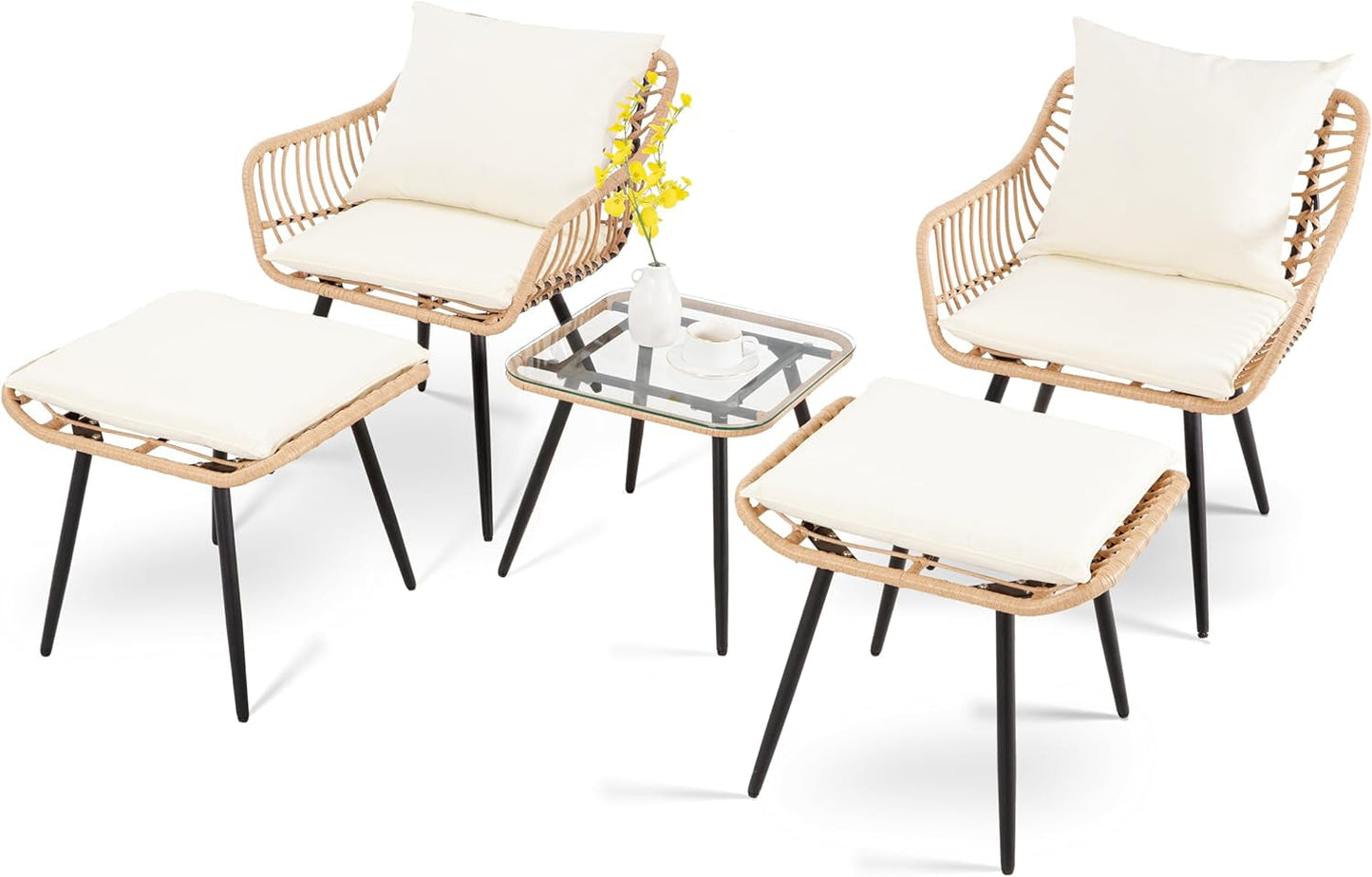 5 Piece Patio Bistro Set with Ottoman, Outdoor Wicker Apartment Balcony Furniture Sets, Rattan Table and Chairs Set of 2 for Porch Backyard Lawn Poolside Deck (Yellow/Beige)-0
