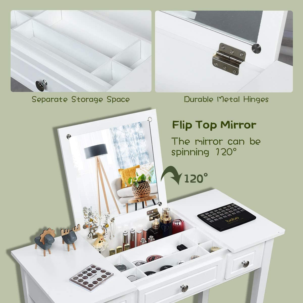 White Vanity Set with Flip Top Mirror and Drawers-4