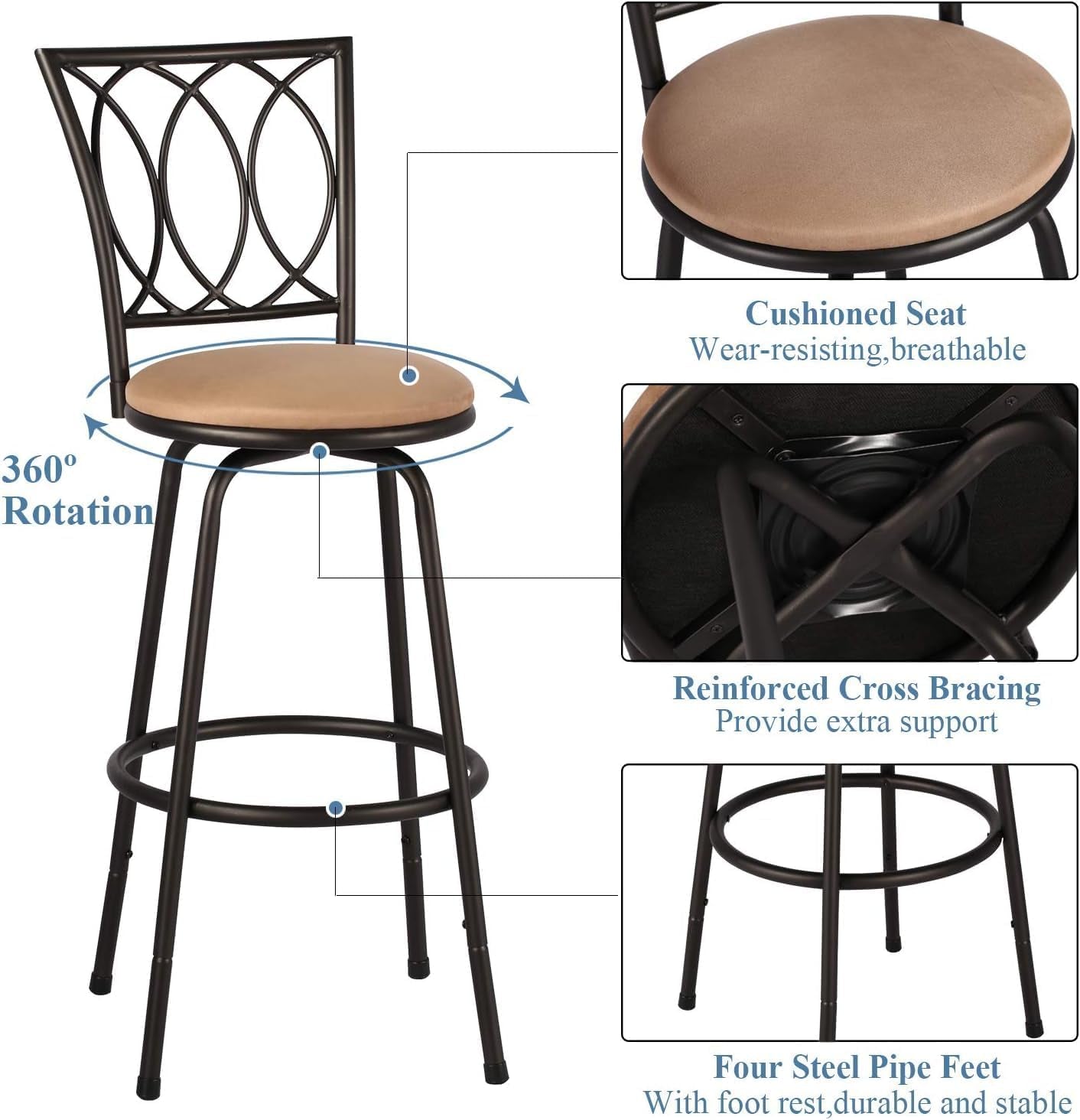 Bar Stools, 24/29" Adjustable Barstool,Swivel Counter Stool with Upholstered Seat,Steel Bistro Pub Chairs, Curved Line Backrest, Set of 2-2