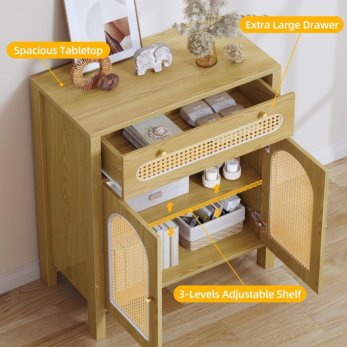 2 Pieces Sideboard Buffet - Kitchen Storage Cabinet with Rattan Doors/Dining Room/Hallway - Cupboard Console Table with Large Drawers - High Accent Cabinet 36" in Height-Natural-2
