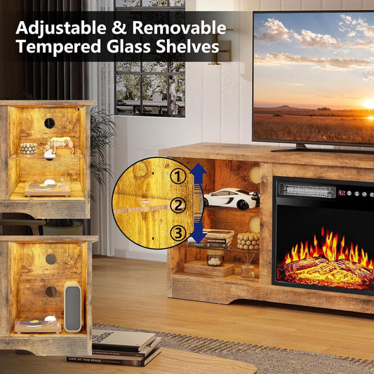 Fireplace TV Stand with 18''Fireplace, Modern Entertainment Center for Tvs up to 65 Inch, Media TV Console with Adjustable Glass Shelves and Storage Cabinets(Brown)-1