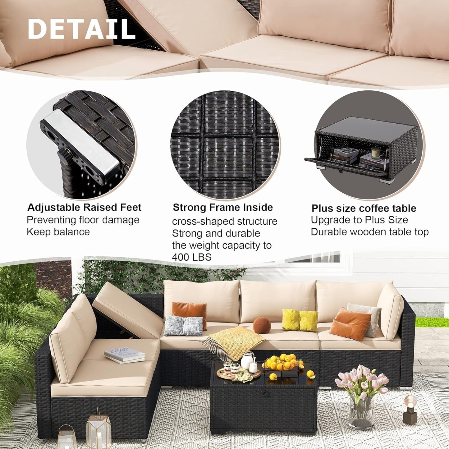 7 Piece Outdoor Patio Furniture, Hand Woven PE Rattan Patio Conversation Sets, Outdoor Sectional Set with Storage Table, Cushions and Pillows, Lift Sofa for Garden, Balcony, Lawn-4