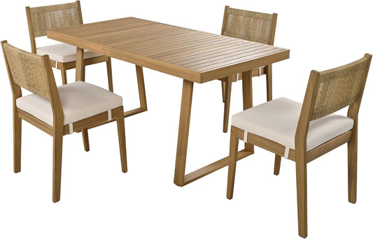 Wood Outdoor Dining Table Set for 4,All Weather Patio Chairs with Soft Cushions and Jute Rope Knitted Back-1