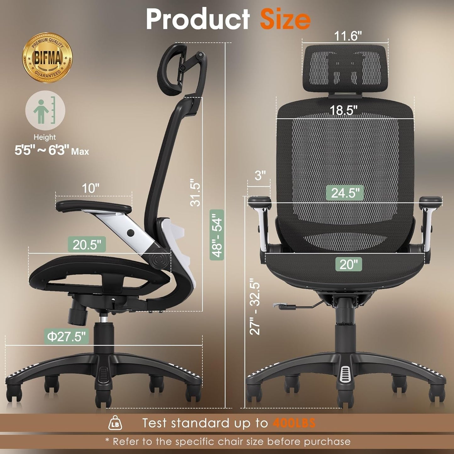 Big & Tall Mesh Office Chair, Ergonomic, Headrest, Tilt-1