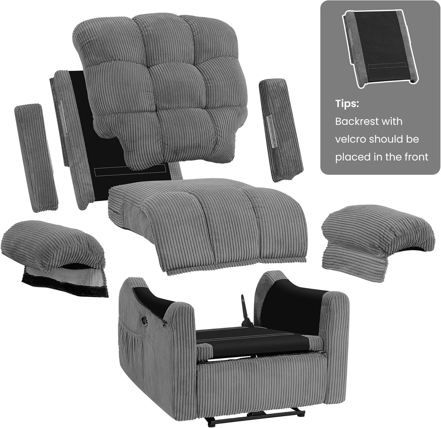 Upgraded Power Recliner Chair for Adults, Adjustable Electric Chair Power Reclining Sofa, USB Port, Ultra-Comfy Corduroy Recliner for Living Room, Tool-Less Assembly Single Sofa Gray-3