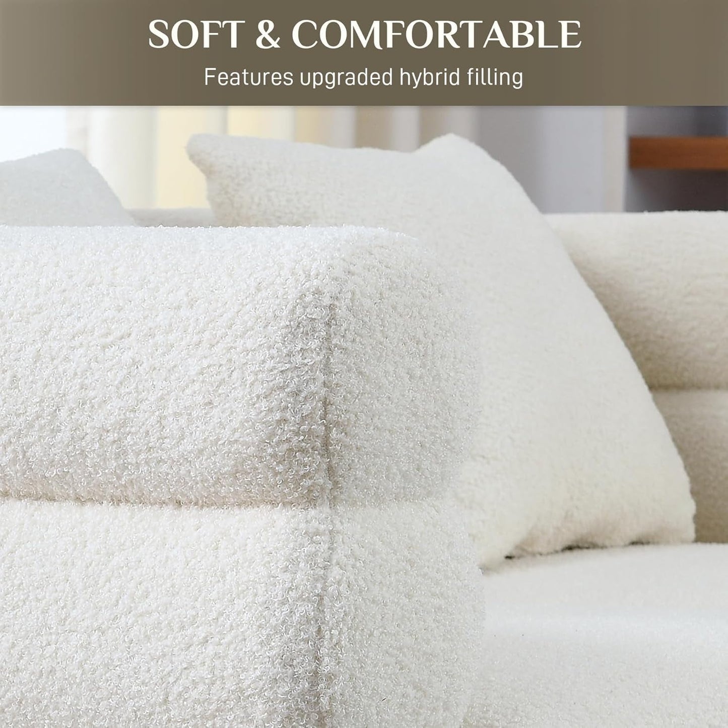 Living Room Sofa Couch and Loveseat Set, Modern Comfy Boucle Sherpa Deep Seat Cloud Couch with 5 Pillows, Oversized Sofa Furniture Sets for Living Room Bedroom, White Teddy-4