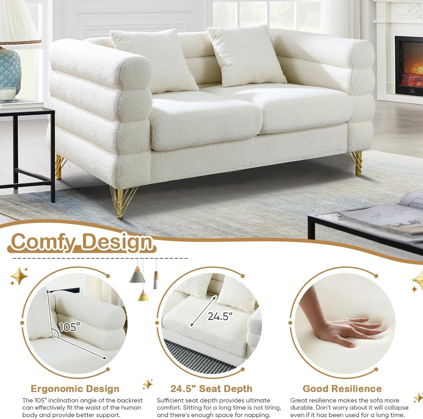 2 Piece Living Room Sofa Set, Comfy Boucle Couch with Loveseat and 3 Seater, Upholstered Sofa Couch with 2 Pillows and Deep Seat Design for Office, Waiting Room, White Teddy-4