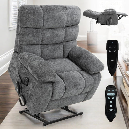 Lay Flat Recliner with Vibration Massage and Lumbar Heating, 26'' Wide Recliner Chair with Infinite Position and 2 Remote Controls, Soft Chenille Lift Recliner for Living Room, Gray-1