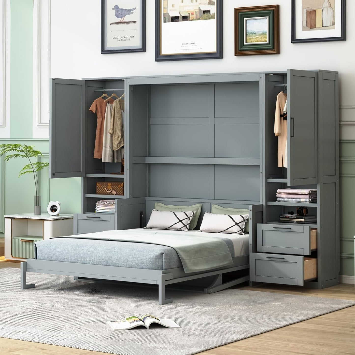 Queen Size Murphy Bed with Closet and Drawers-2