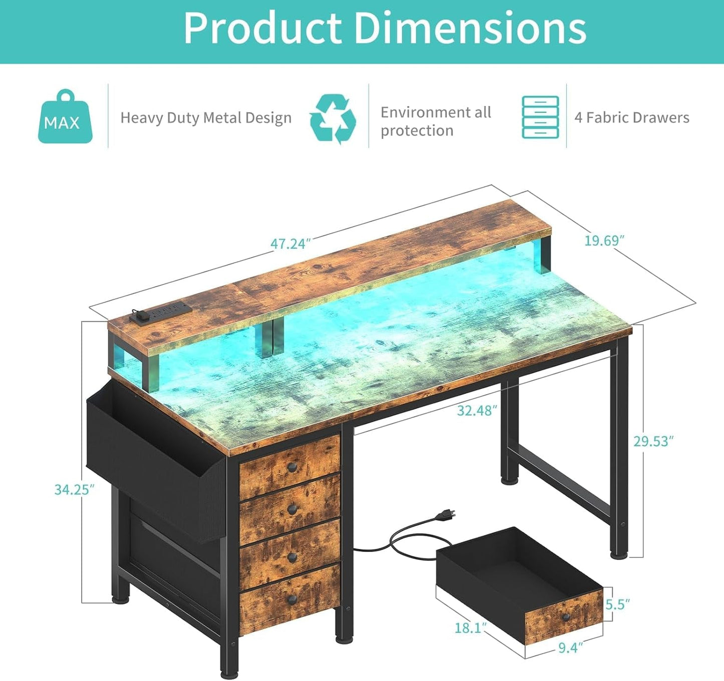 Computer Desk with Fabric Drawers, 47 Inch Home Office Desk with Monitor Stand, Gaming Desk with LED Lights and Power Outlets, Rustic Brown-2