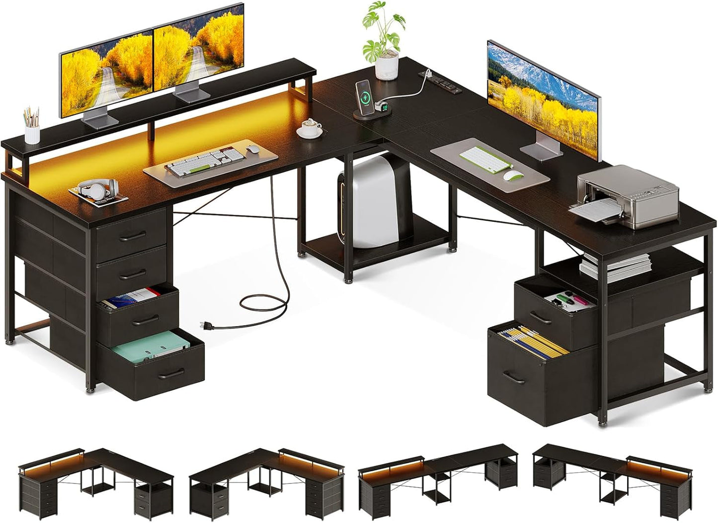 66" L Shaped Computer Desk, 113“ Reversible Home Office Desk with File Cabinet & 4 Fabric Drawers, Two Person Desk with LED Lights & Power Outlet, Corner Gaming Desk with Monitor Shelf, Black-0