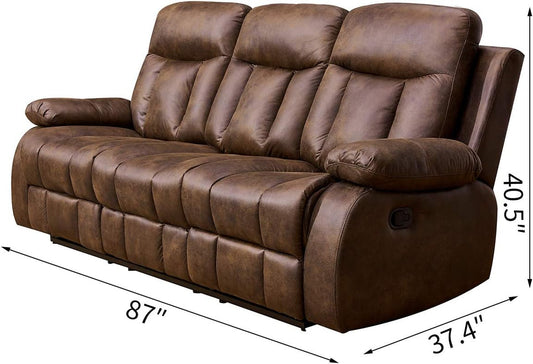 3-PC Microfiber Fabric Recliner Set Living Room Set in Brown, Sofa Loveseat Chair Pillow Top Backrest and Armrests 8028 (Living Room Set 3+2+1)-1