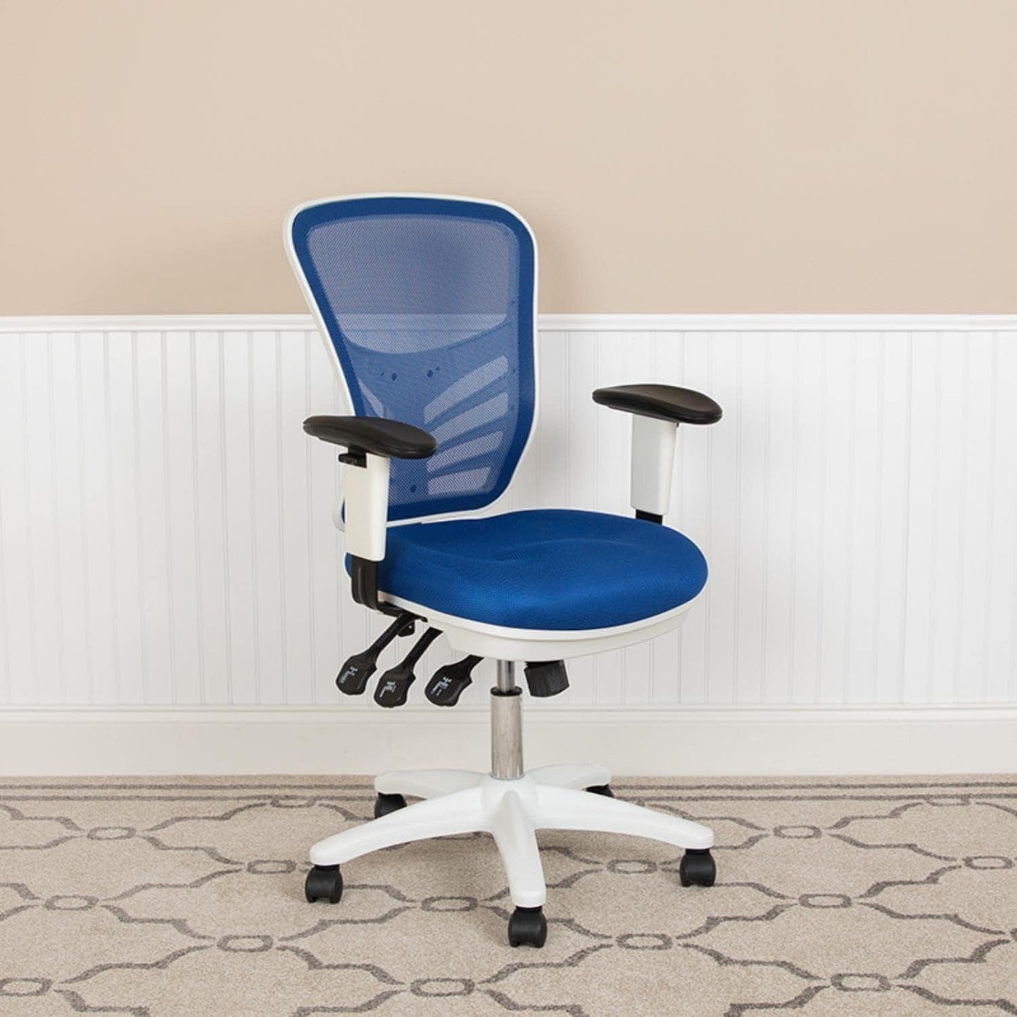 Nicholas Mid-Back Blue Mesh Multifunction Executive Swivel Ergonomic Office Chair with Adjustable Arms and White Frame-1