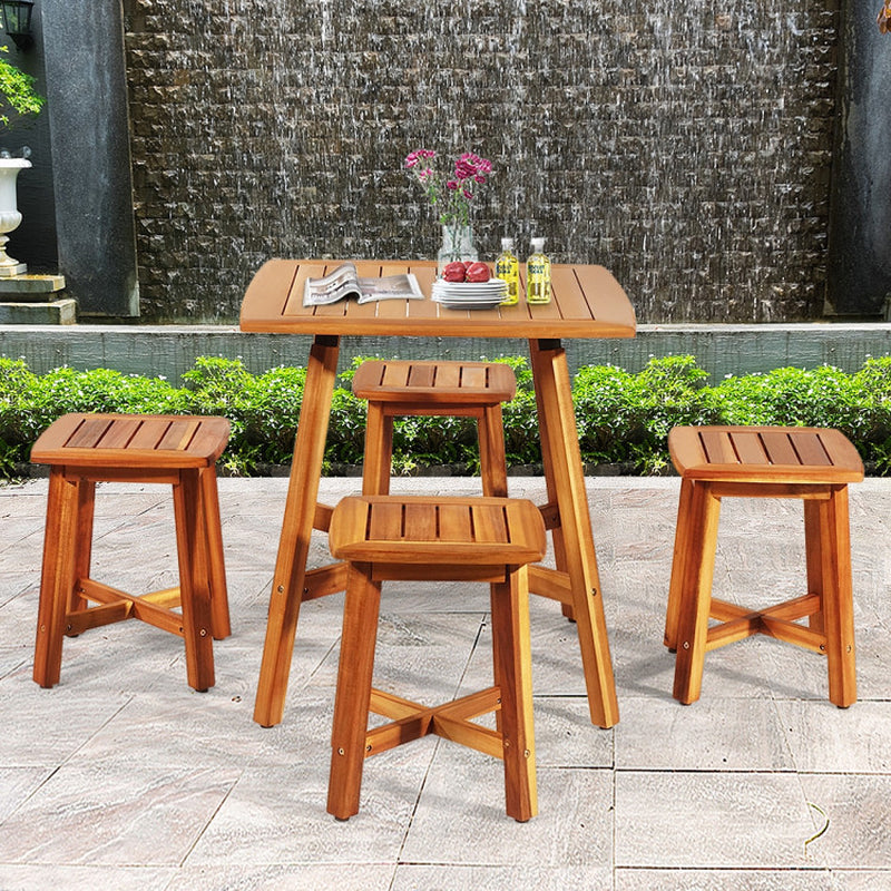 5 Pieces Wood Patio Dining Set with Square Table and 4 Stools-5