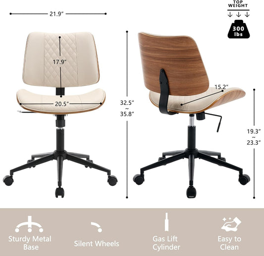 Home Office Chair No Arms with Wheels, Adjustable Height Small Desk Chair, PU Leather Mid Back 360 Swivel Computer Chair, Armless Modern Walnut Chair for Office, Reading Meeting Room(Beige)-1